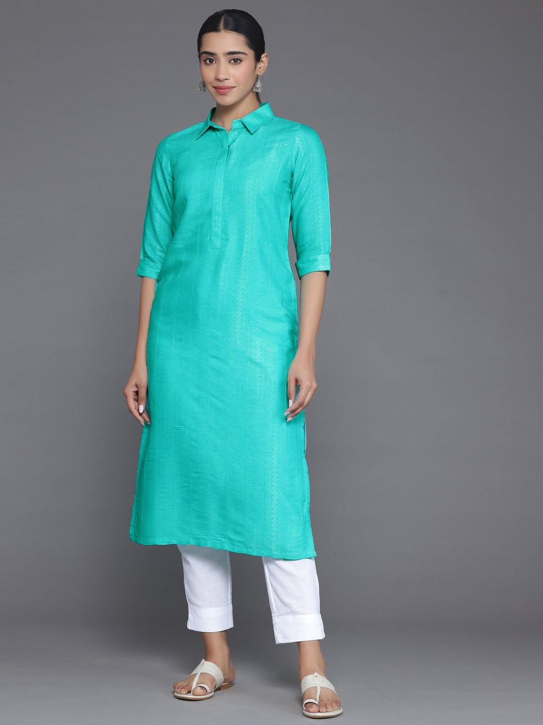 Blue Woven Design Cotton Straight Kurta - Libas 