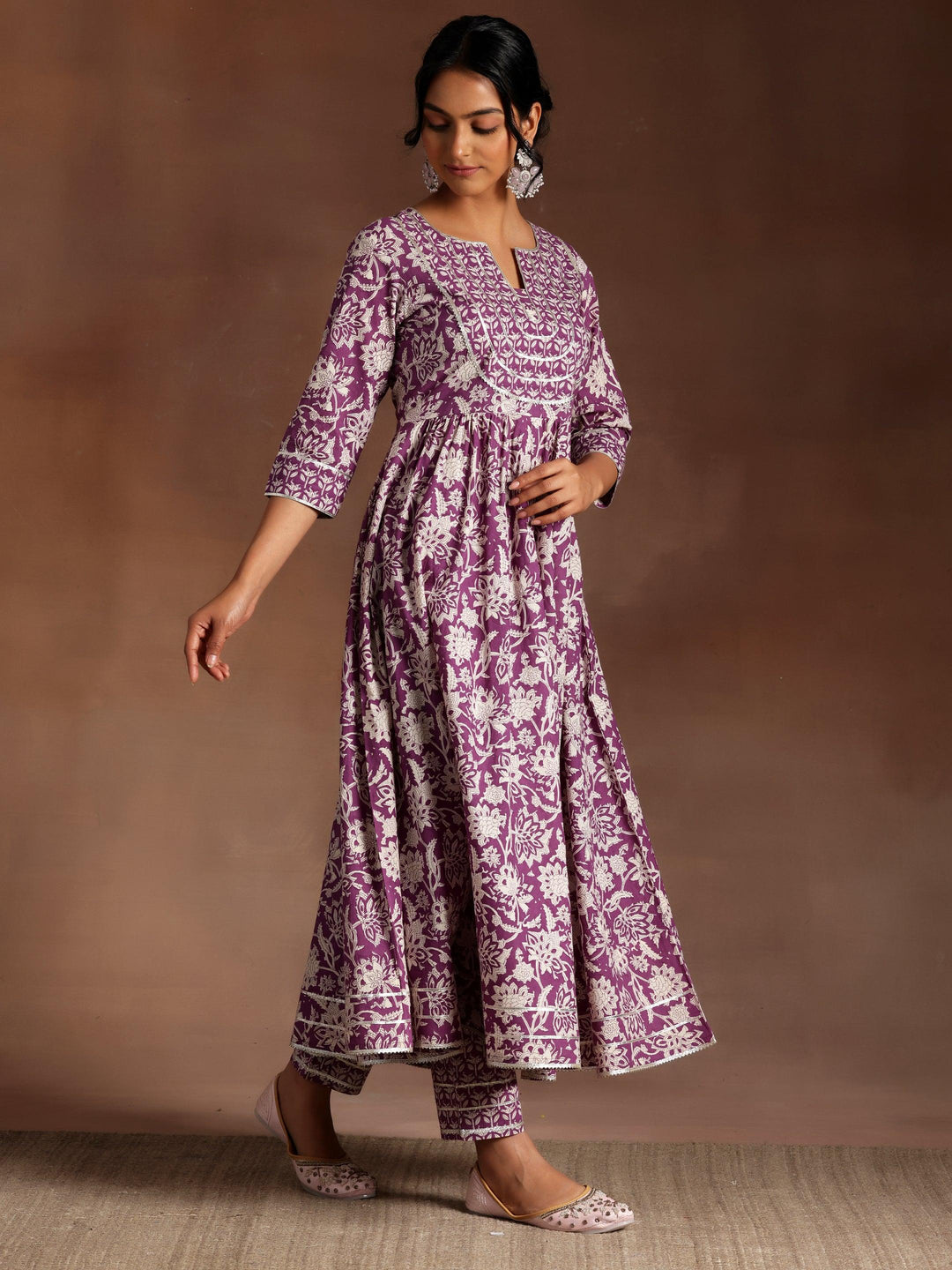 Purple Printed Cotton Anarkali Suit With Dupatta - Libas 