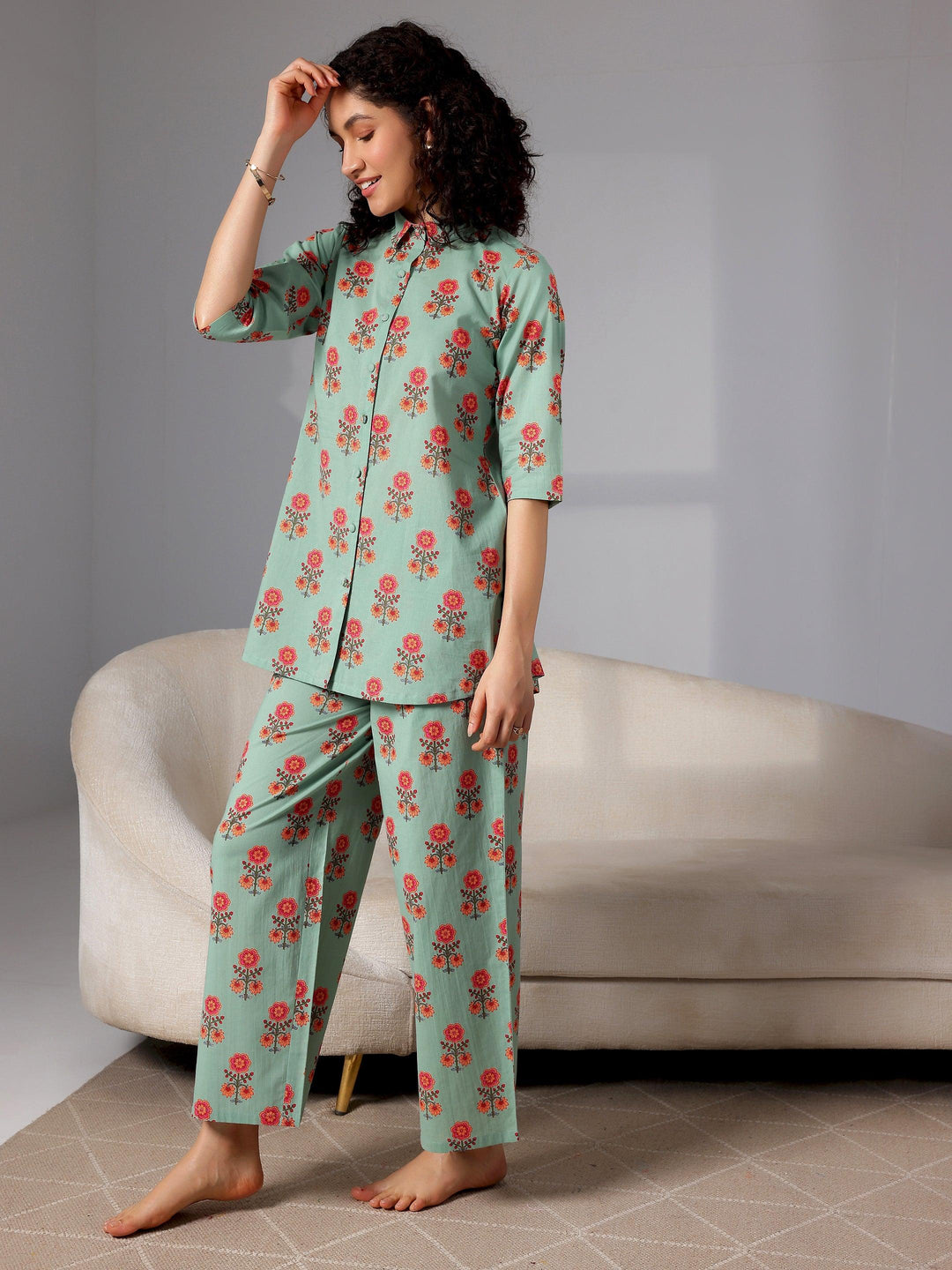 Green Printed Cotton Night Suits - Libas