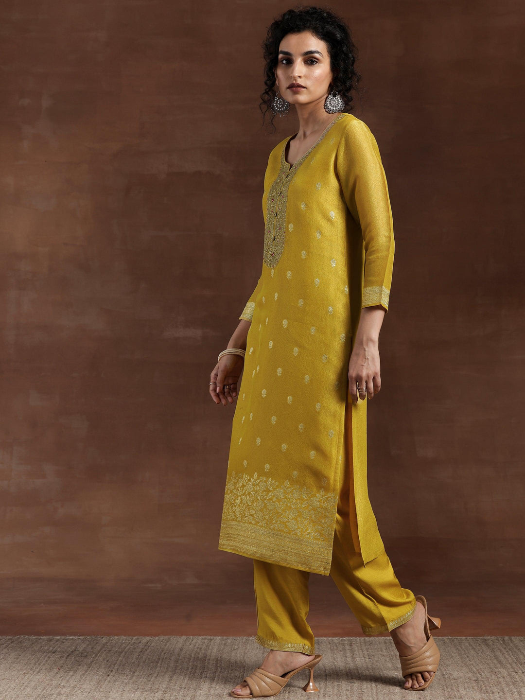 Mustard Woven Design Chanderi Silk Straight Suit With Dupatta - Libas 