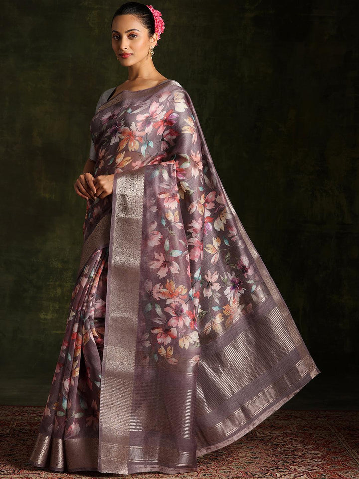 Grey Printed Silk Blend Saree With Unstitched Blouse Piece - Libas