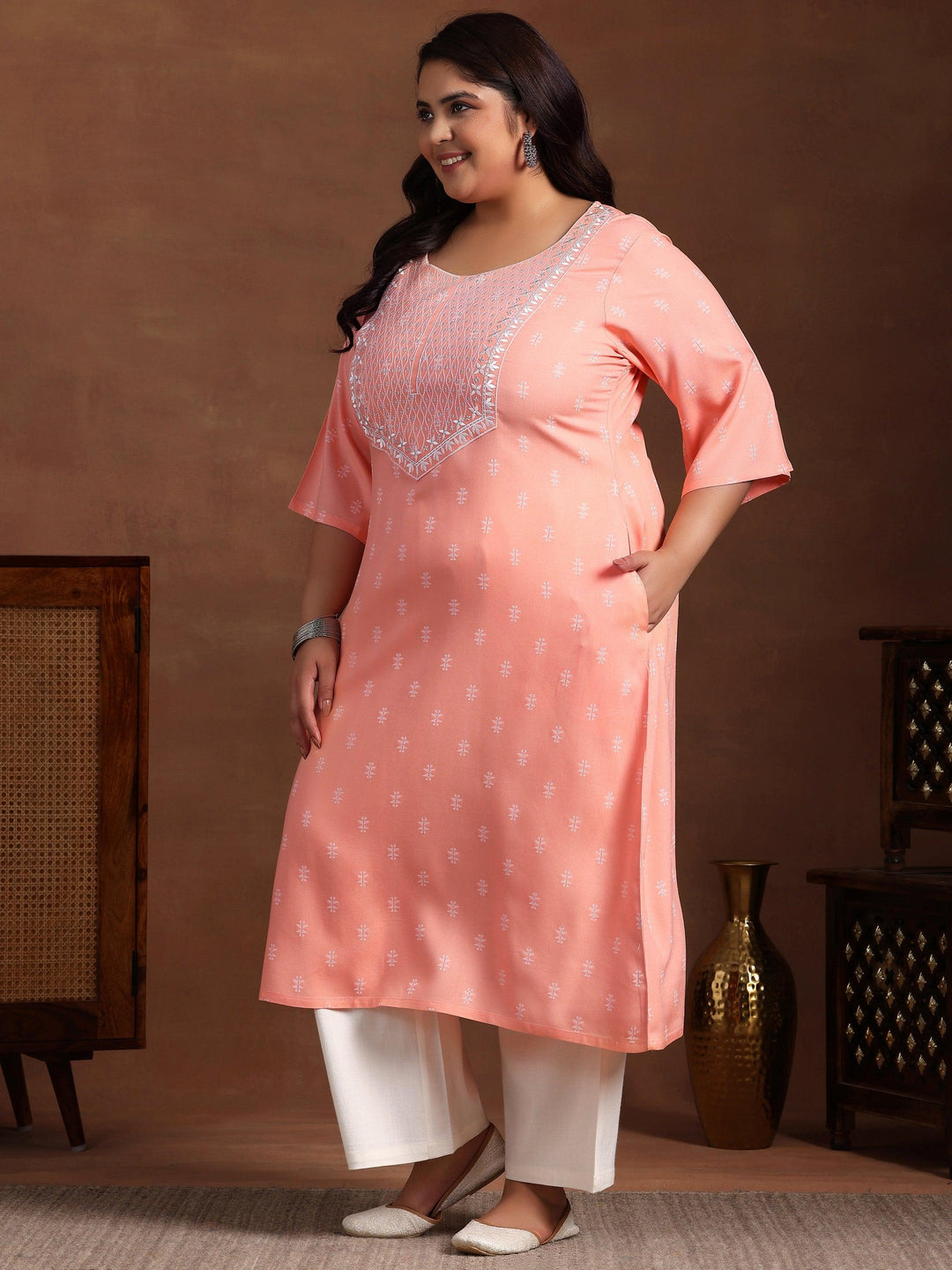 Plus Size Peach Woven Design Rayon Straight Kurta - Libas