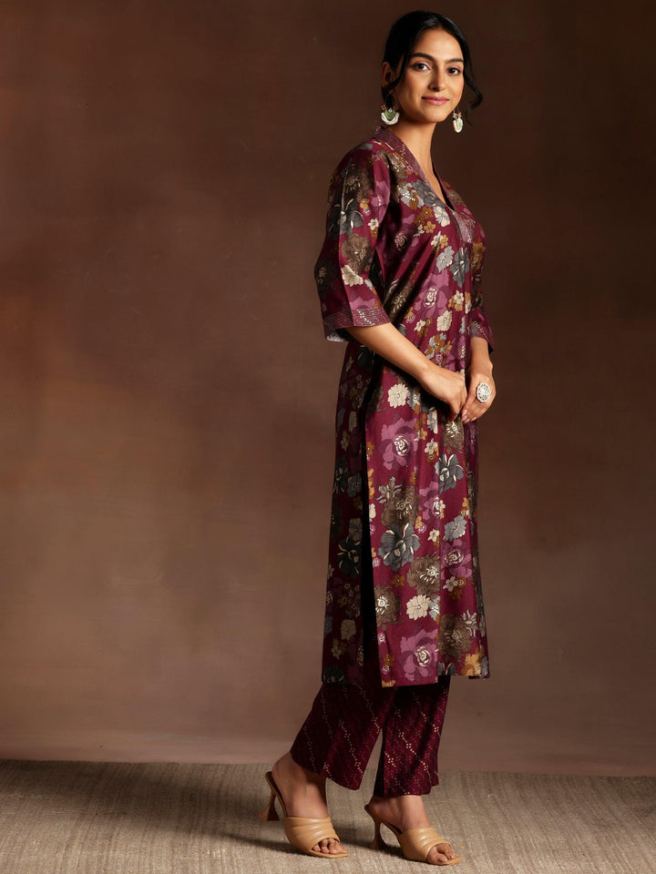 Burgundy Printed Silk Blend Straight Suit With Dupatta - Libas