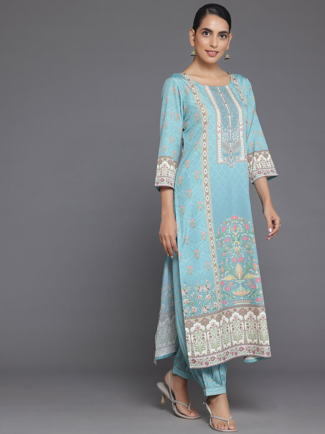 Blue Printed Poly Crepe Straight Suit With Dupatta - Libas 