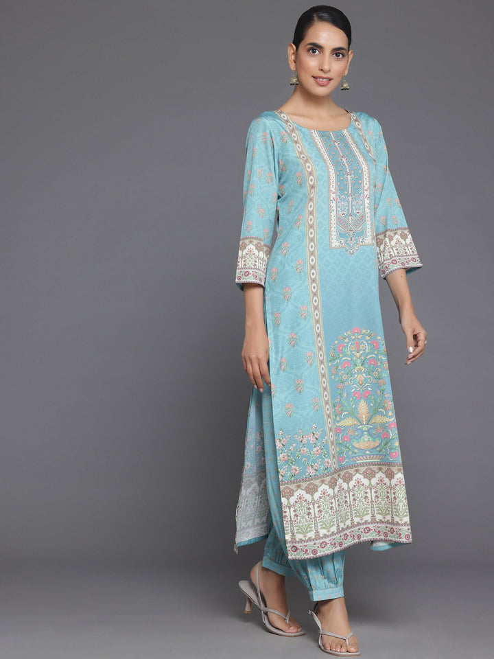 Blue Printed Poly Crepe Straight Suit With Dupatta - Libas