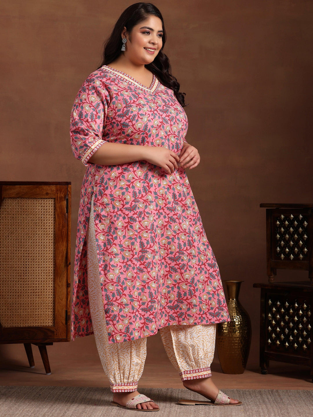 Plus Size Pink Printed Cotton Straight Suit With Dupatta - Libas 