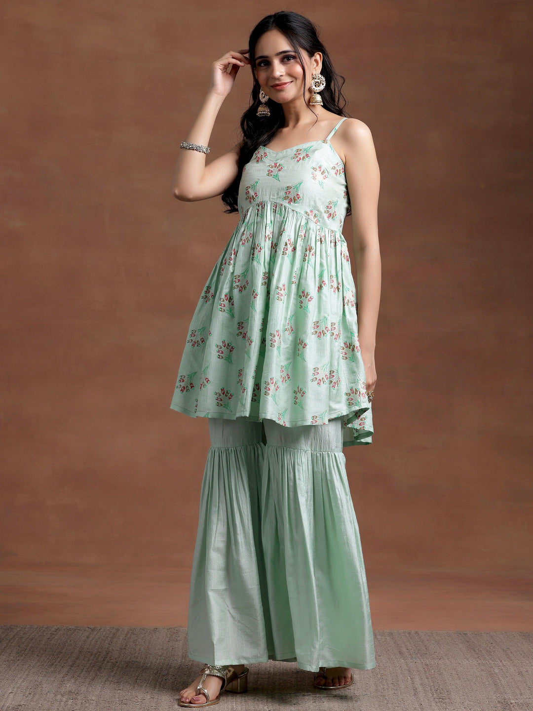 Sea Green Printed Silk Blend A-Line Kurta With Sharara - Libas