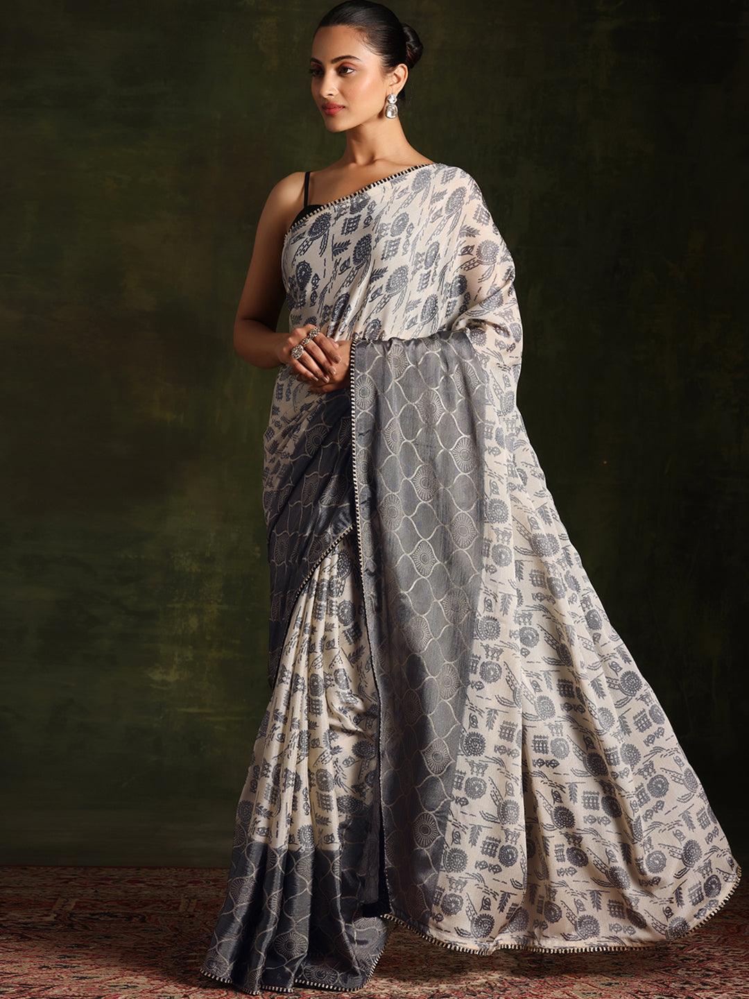 Beige Printed Silk Blend Saree With Unstitched Blouse Piece - Libas 