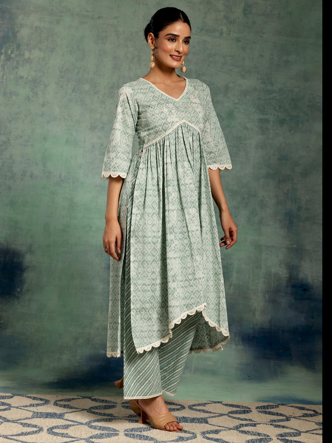 Green Printed Cotton A-Line Kurta With Palazzos & Dupatta - Libas