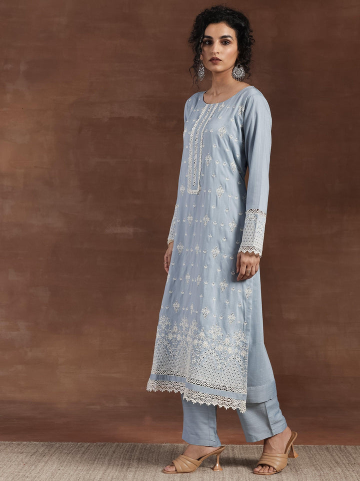 Blue Embroidered Silk Blend Straight Suit With Dupatta - Libas