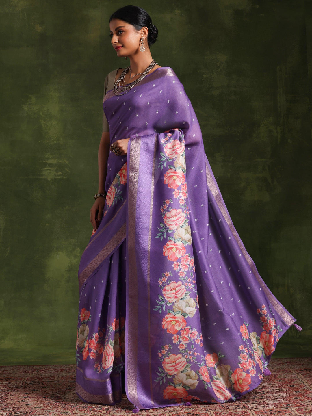 Purple Printed Silk Blend Saree With Unstitched Blouse Piece - Libas