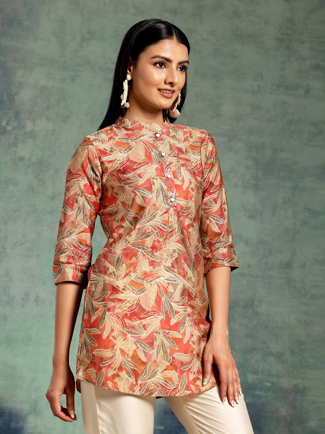 Beige Printed Silk Blend Straight Kurti - Libas 