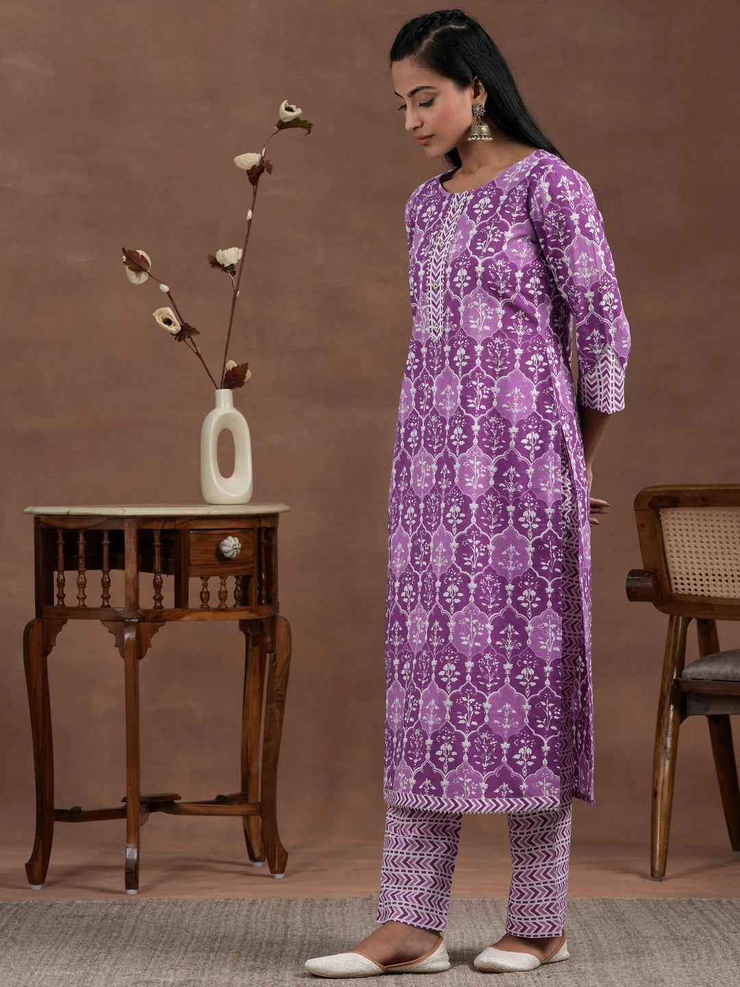  Purple Cotton Printed Straight Kurta 