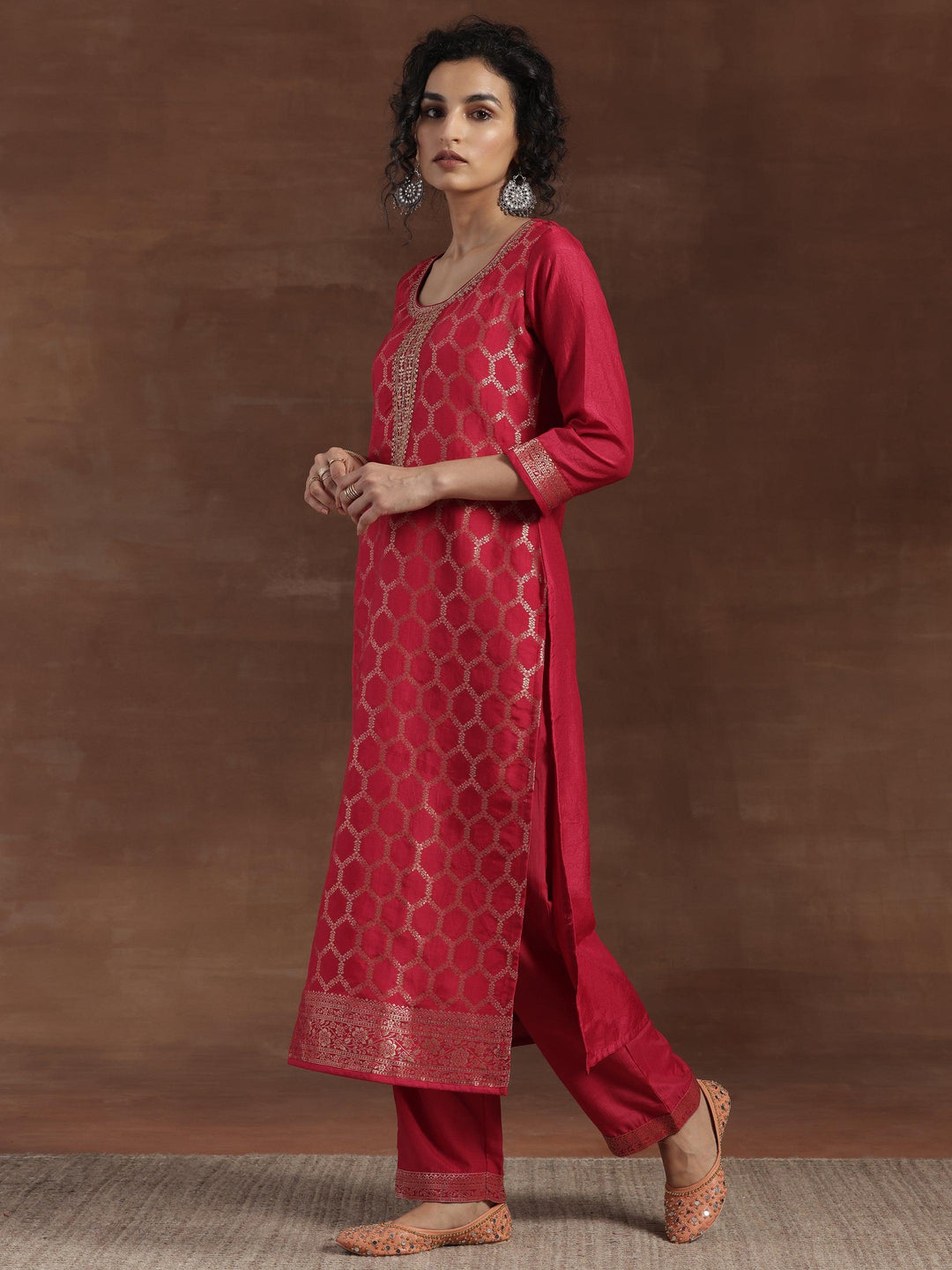 Pink Woven Design Silk Blend Straight Suit With Dupatta - Libas 