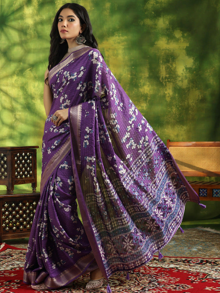 Lavender Printed Silk Blend Saree With Unstitched Blouse Piece - Libas