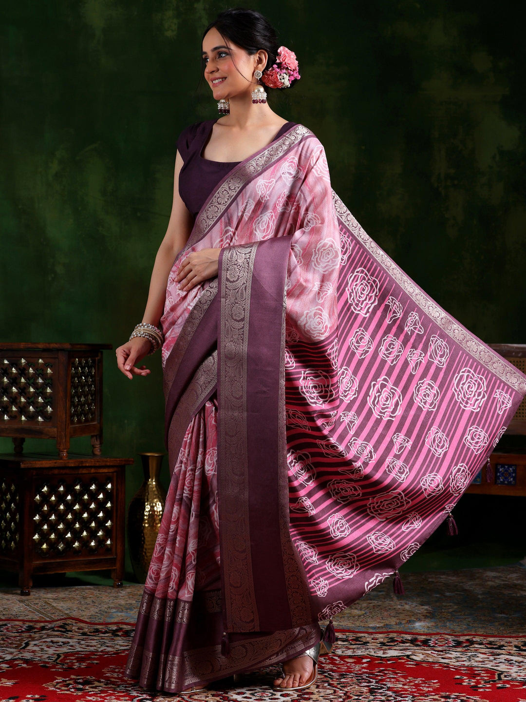 Mauve Printed Silk Blend Saree With Unstitched Blouse Piece - Libas