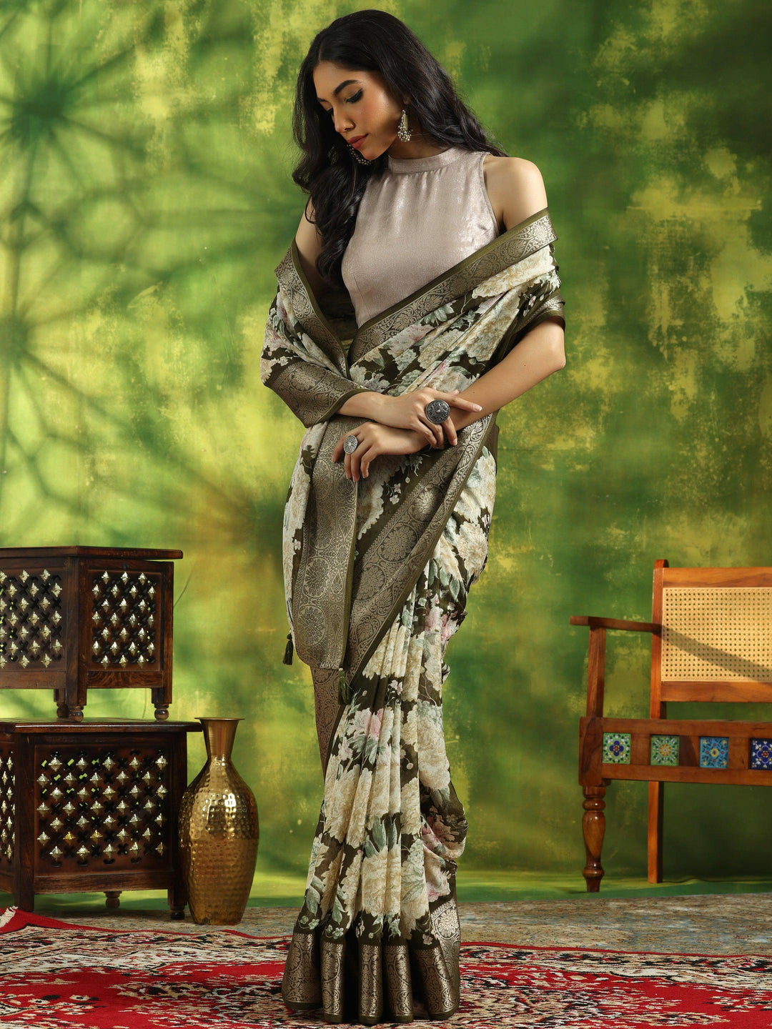 Olive Printed Silk Blend Saree With Unstitched Blouse Piece - Libas 