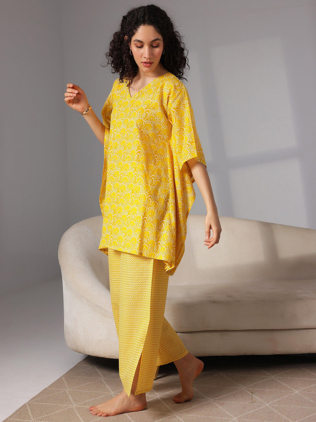 Yellow Printed Cotton Night Suits - Libas 