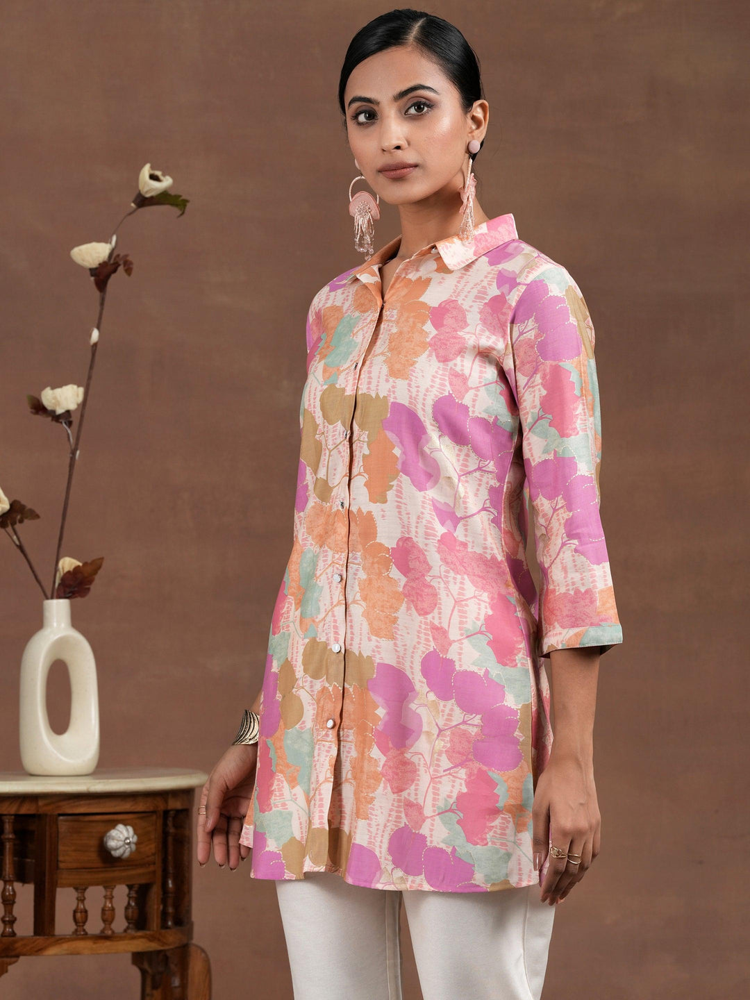 Pink Printed Silk Blend Straight Kurti - Libas 