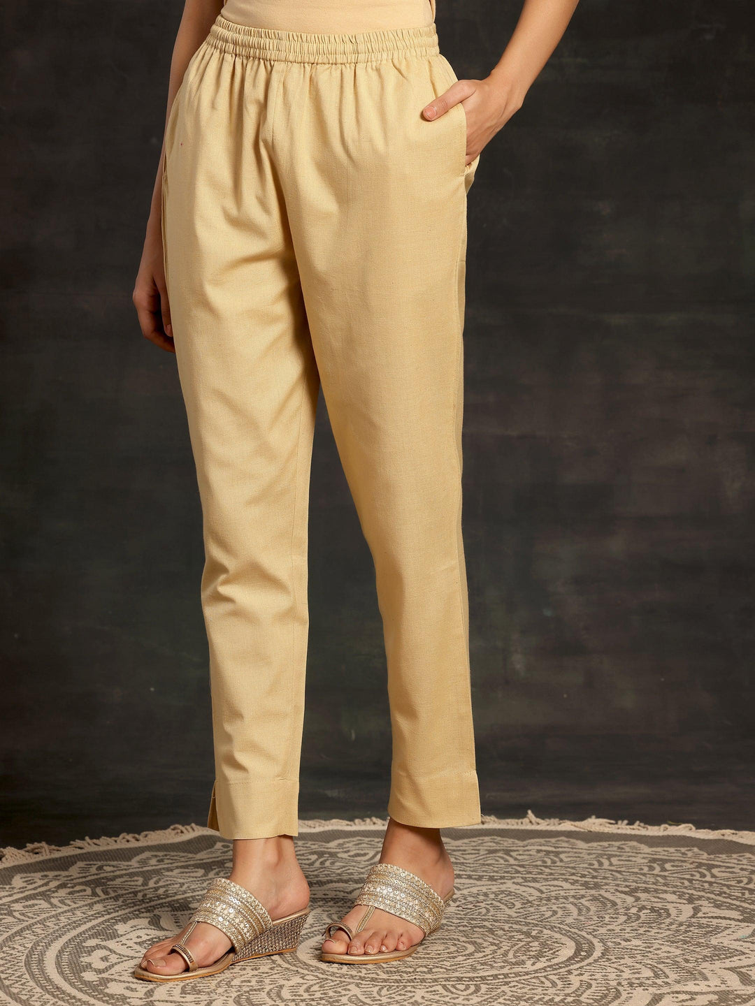 Cream Solid Cotton Straight Fit Trousers - Libas