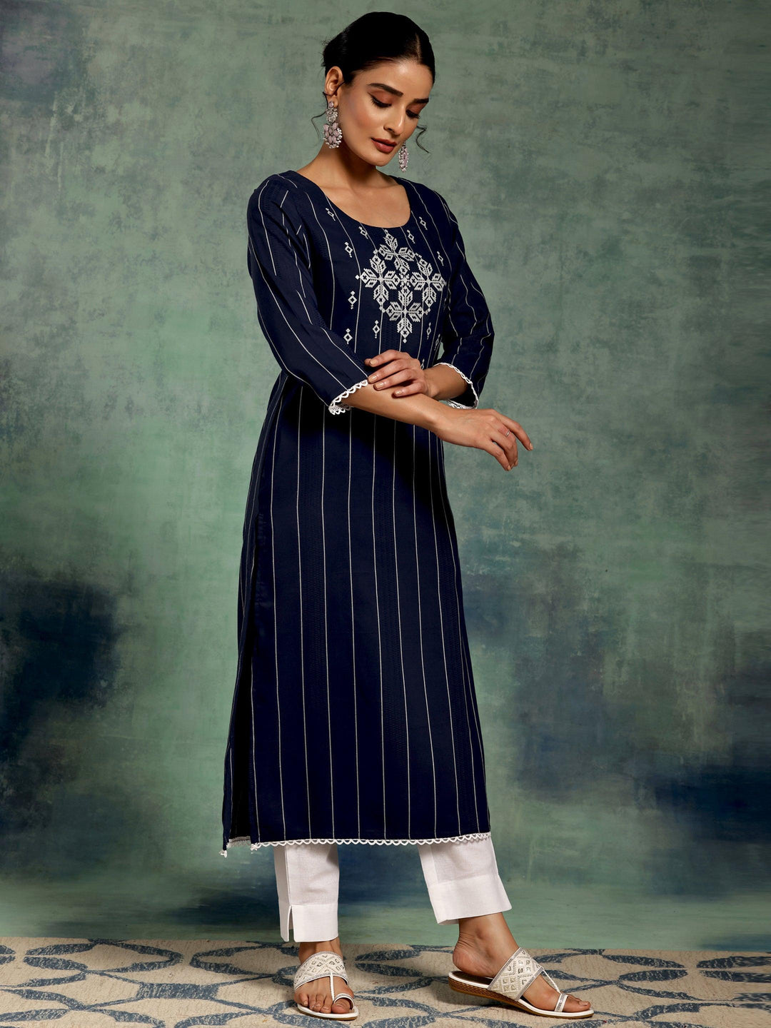 Blue Embroidered Silk Straight Kurta - Libas 