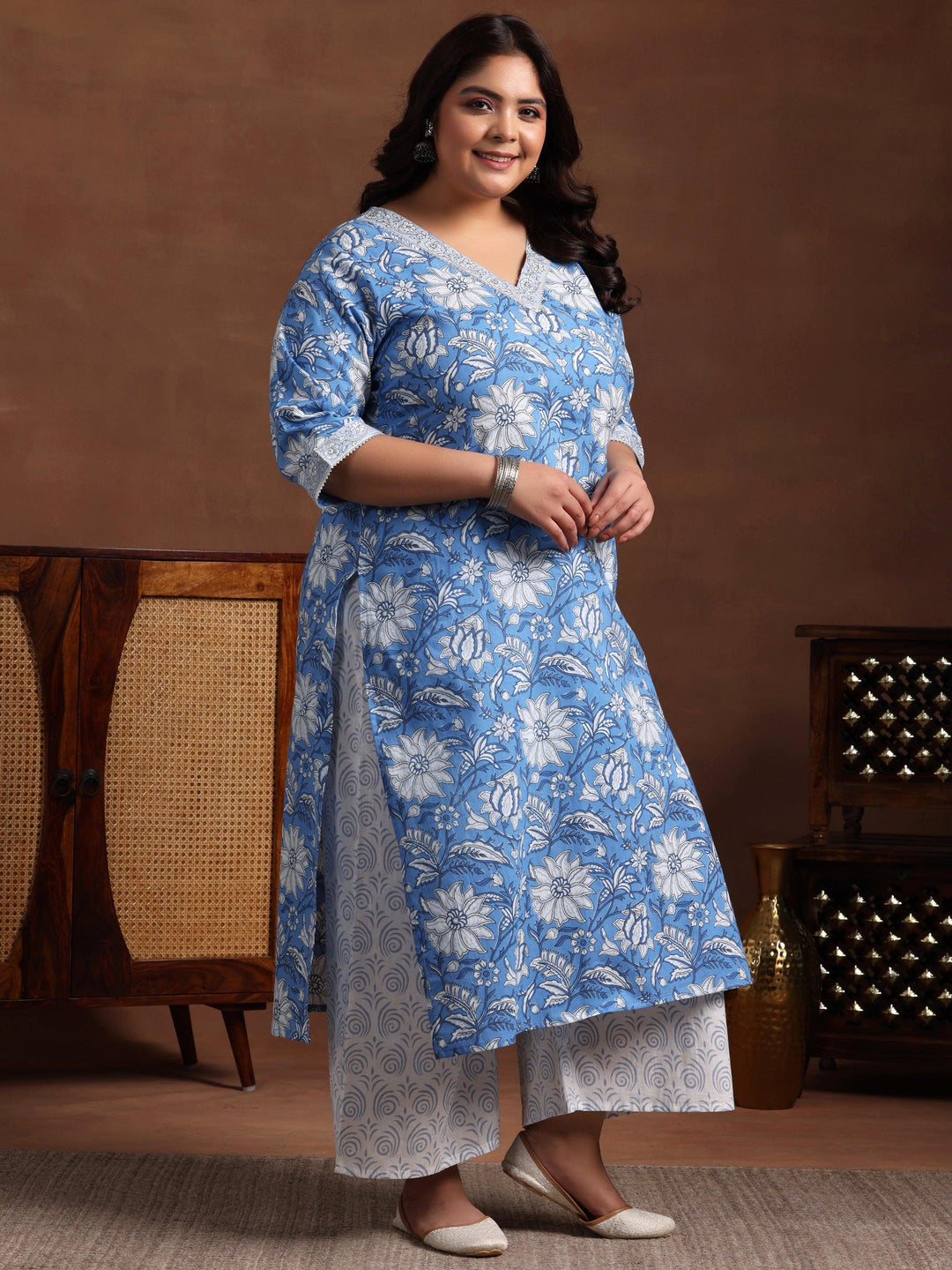 Plus Size Blue Printed Cotton Straight Suit With Dupatta - Libas 