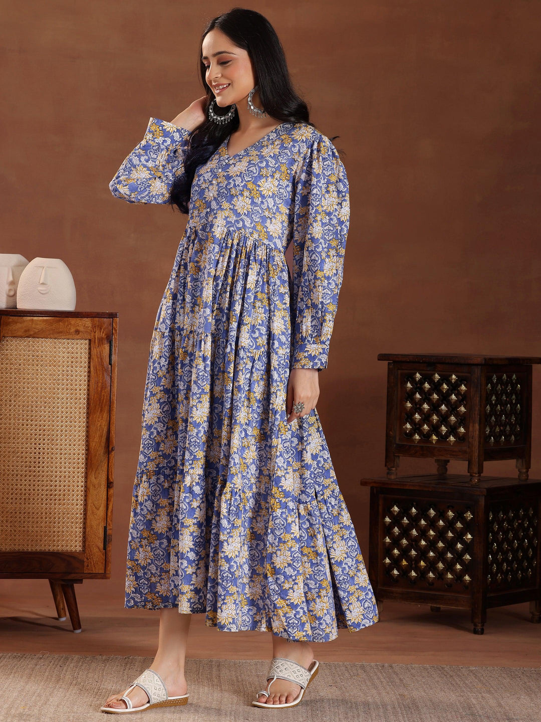 Blue Printed Cotton Fit and Flare Dress - Libas