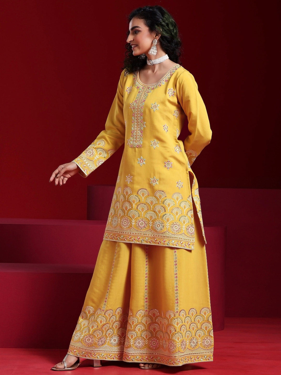 Libas Art Yellow Embroidered Silk Blend Straight Suit With Dupatta - Libas 