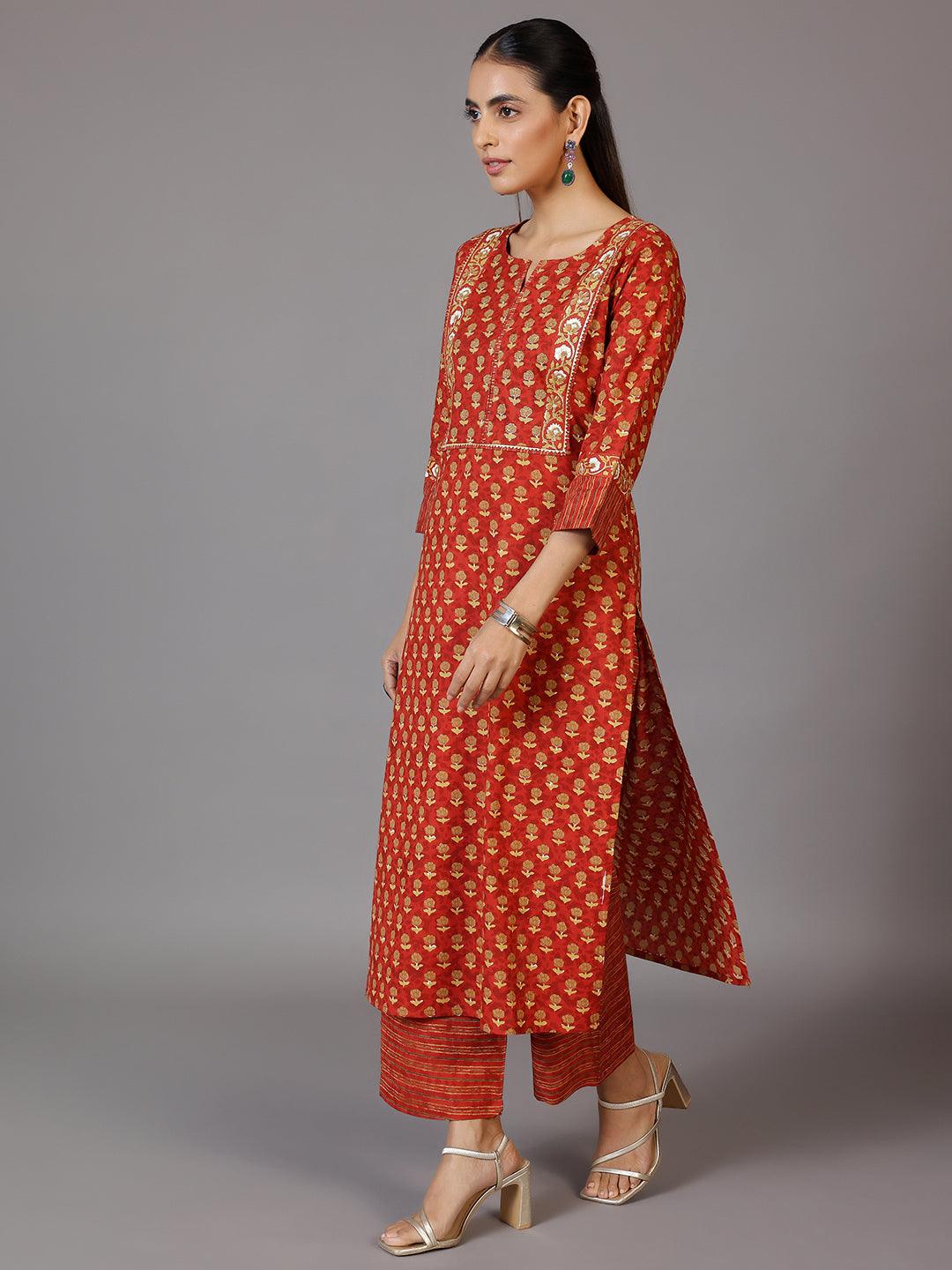 Rust Printed Cotton Straight Suit With Dupatta - Libas 