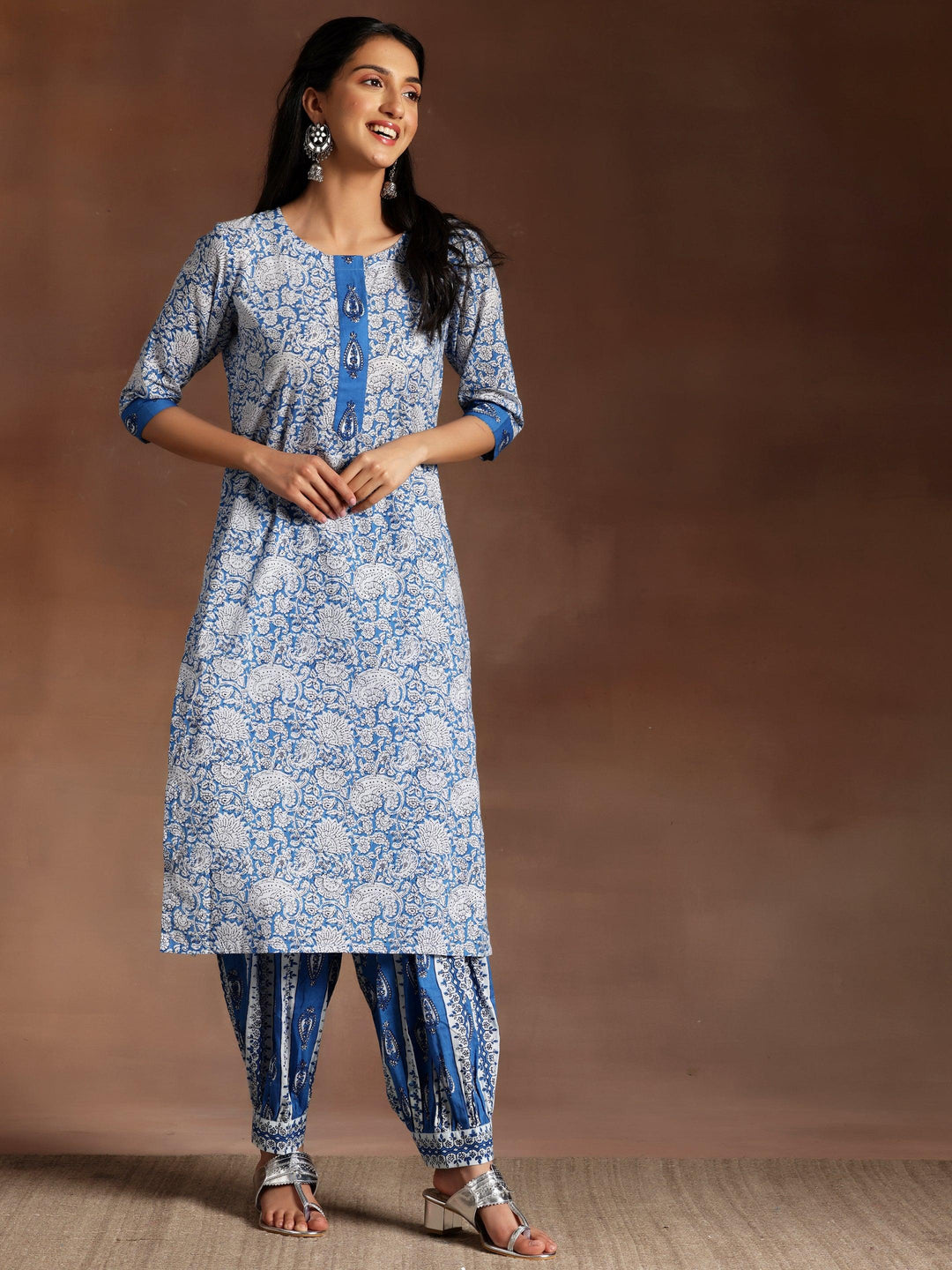 Blue Printed Cotton Straight Suit With Dupatta - Libas 