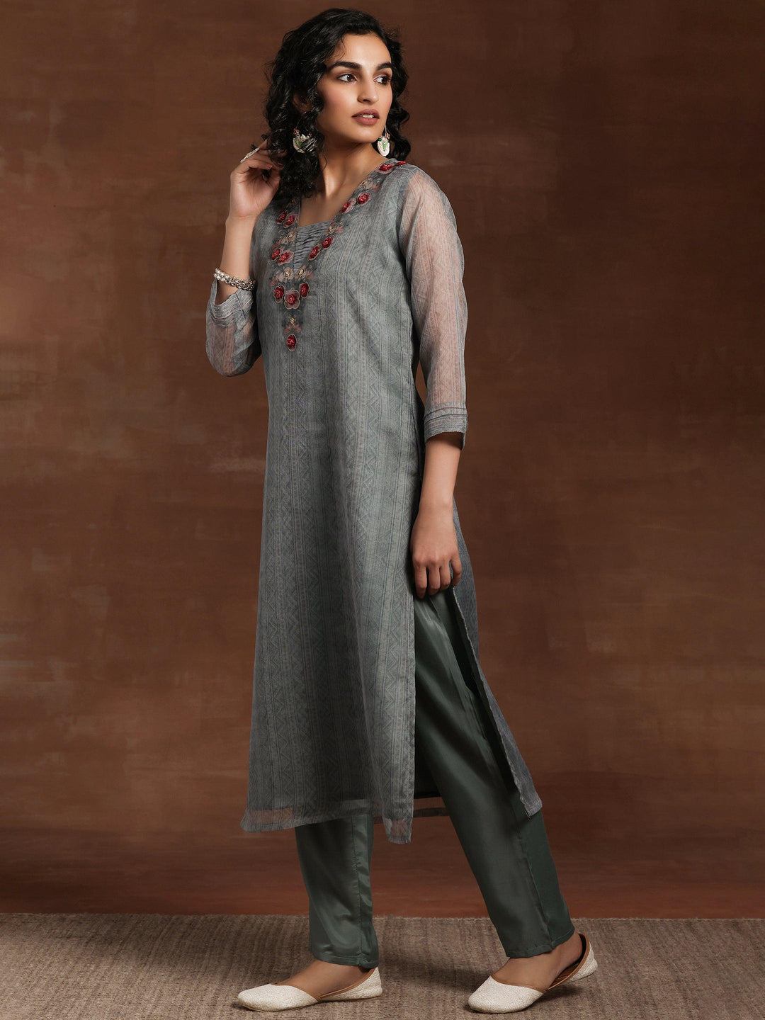 Green Printed Organza Straight Suit With Dupatta - Libas 