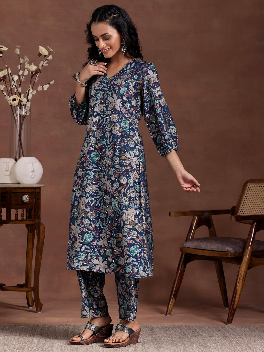 Blue Printed Silk Blend Co-Ords - Libas 