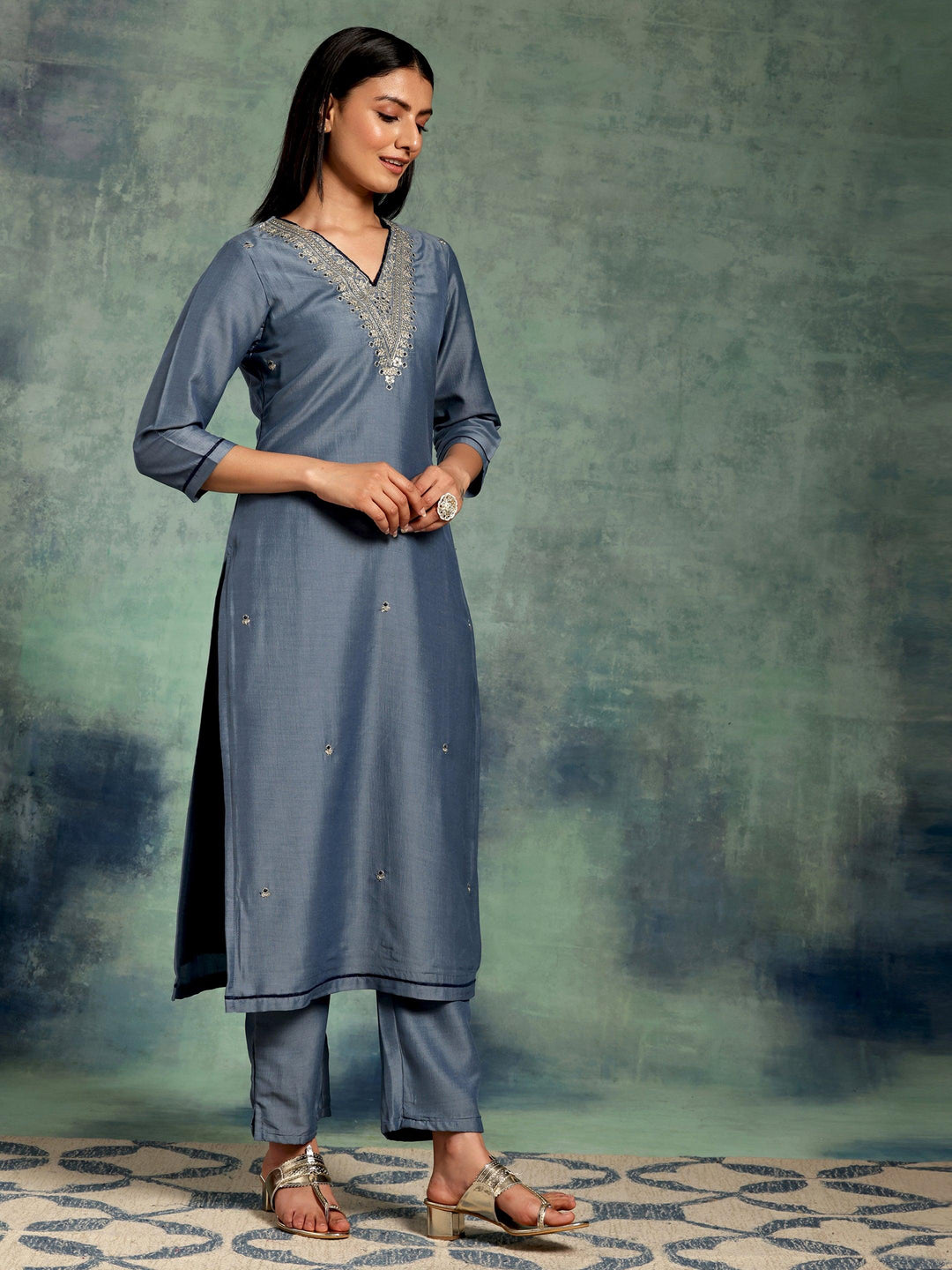 Blue Embroidered Silk Blend Straight Suit With Dupatta - Libas