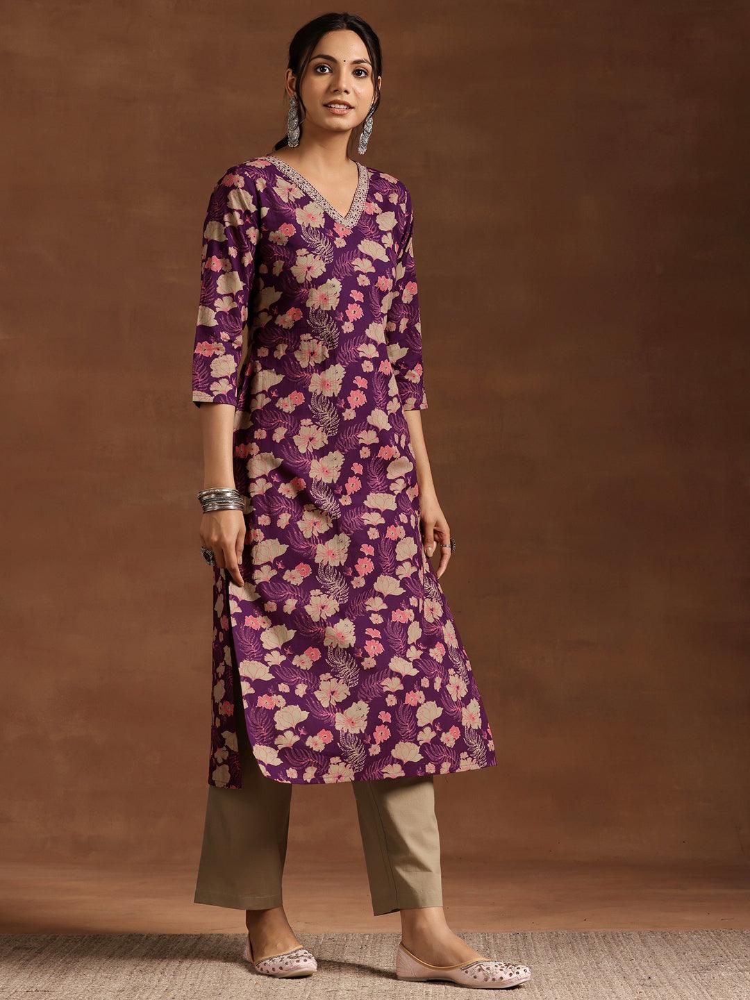 Wine Printed Cotton Straight Suit With Dupatta - Libas 