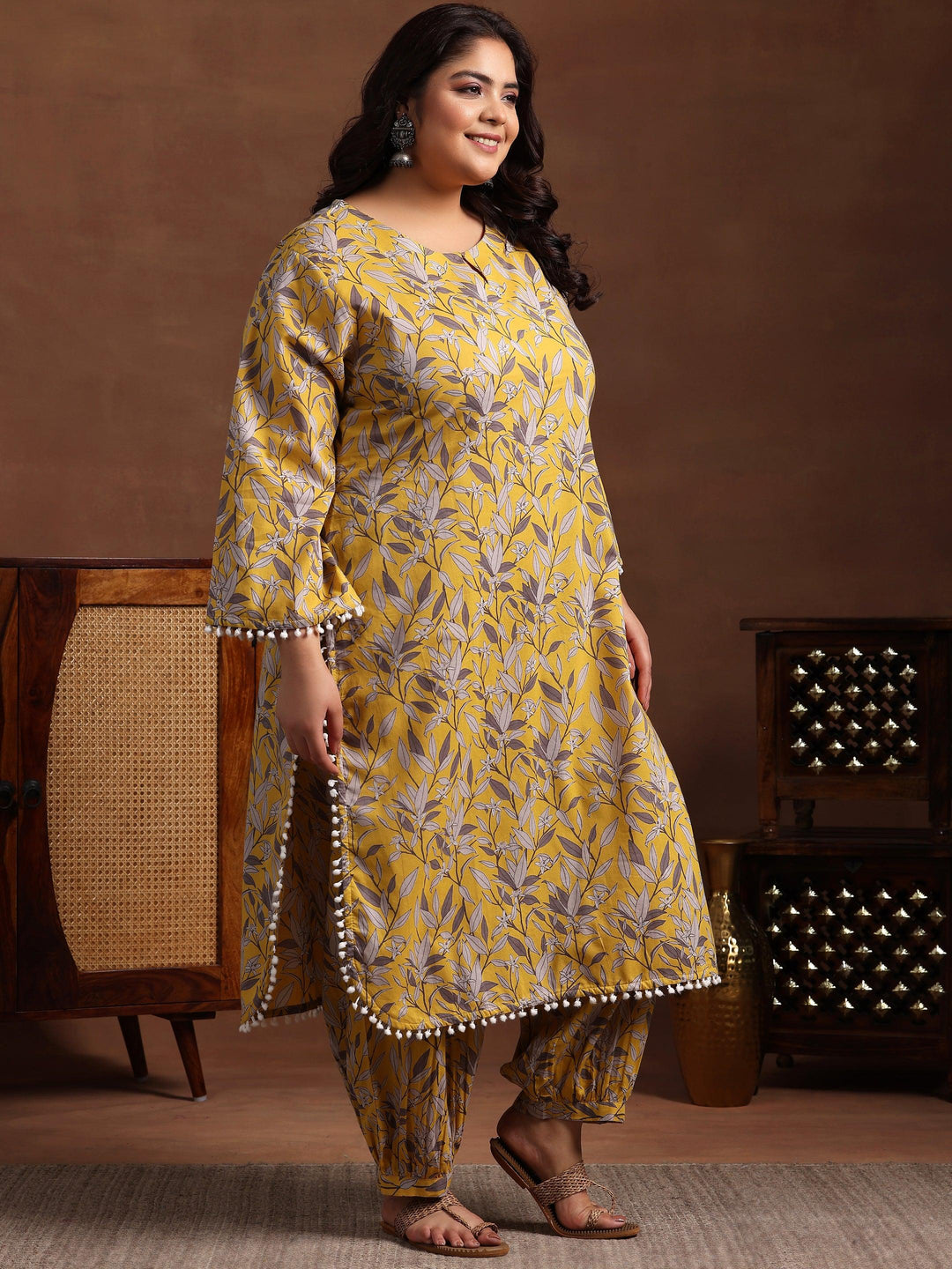 Plus Size Mustard Printed Cotton Pathani Kurta With Salwar - Libas