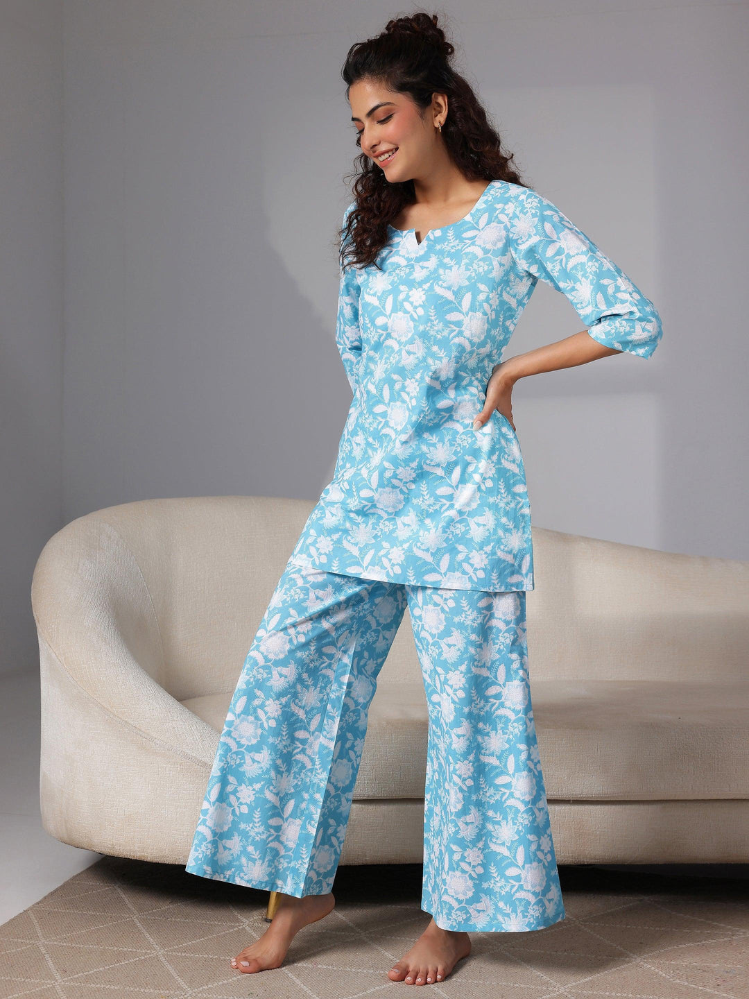 Blue Printed Cotton Night Suits - Libas