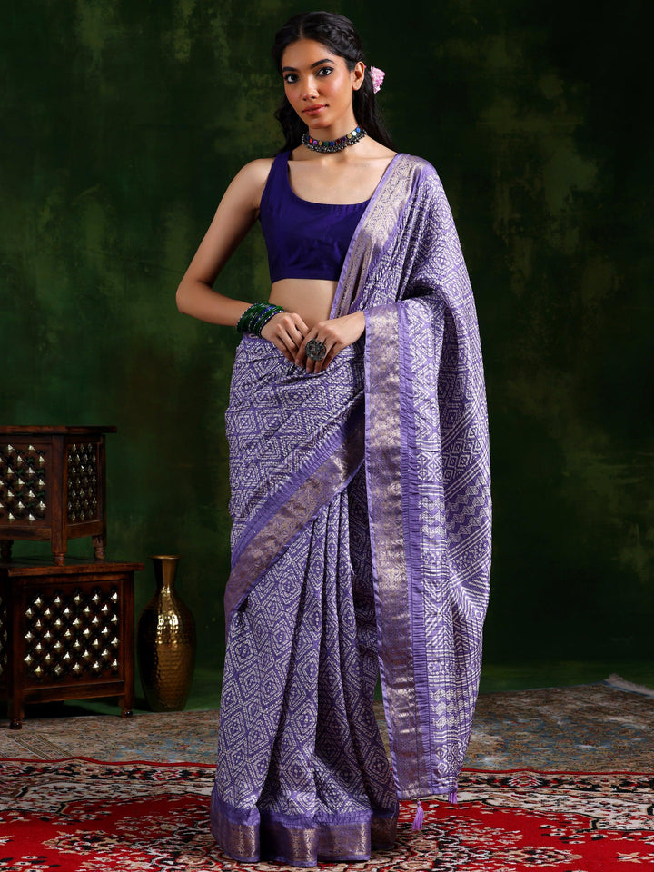 Lavender Printed Silk Blend Saree With Unstitched Blouse Piece - Libas