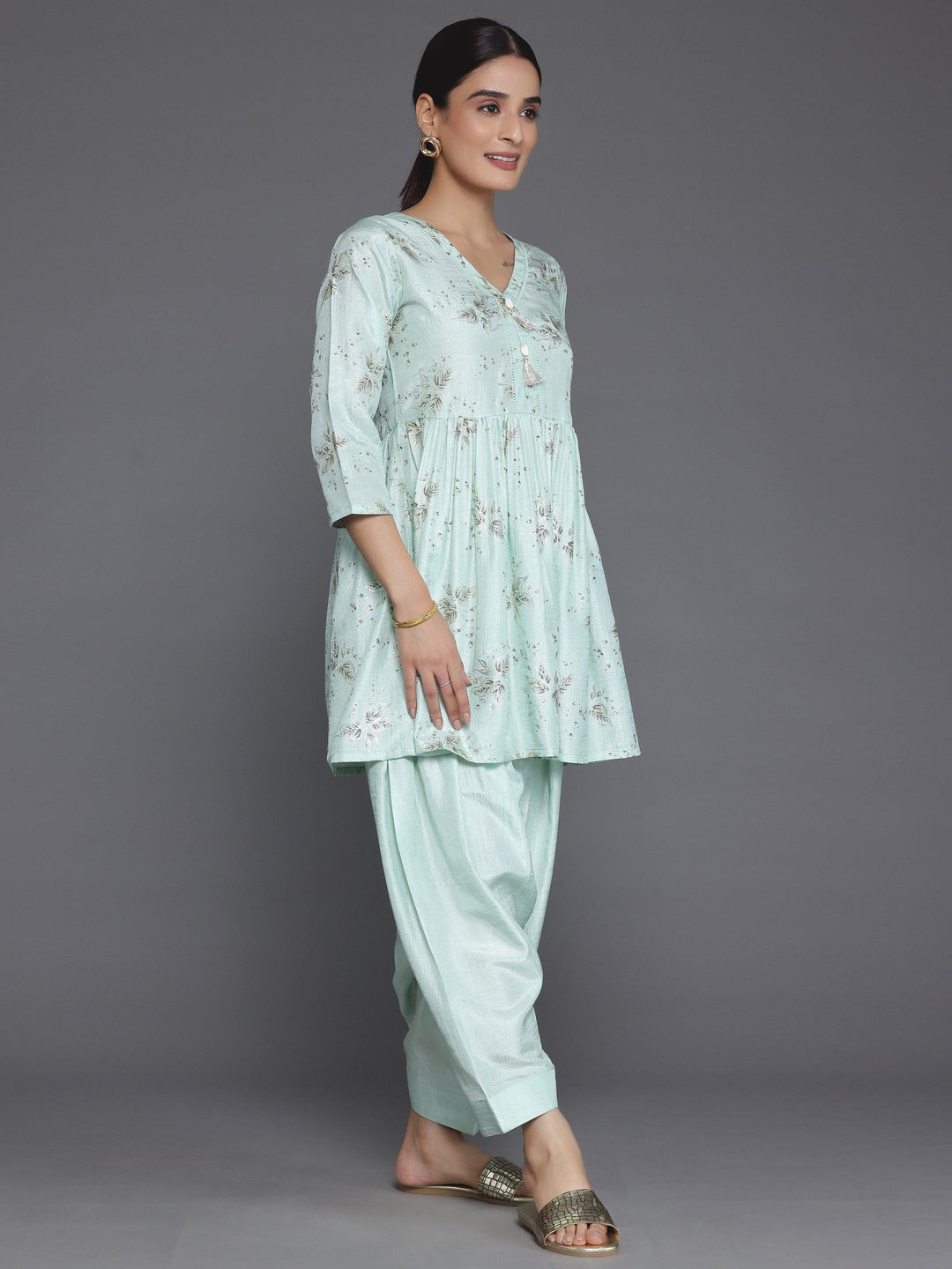 Sea Green Printed Silk Blend A-Line Kurta With Salwar - Libas