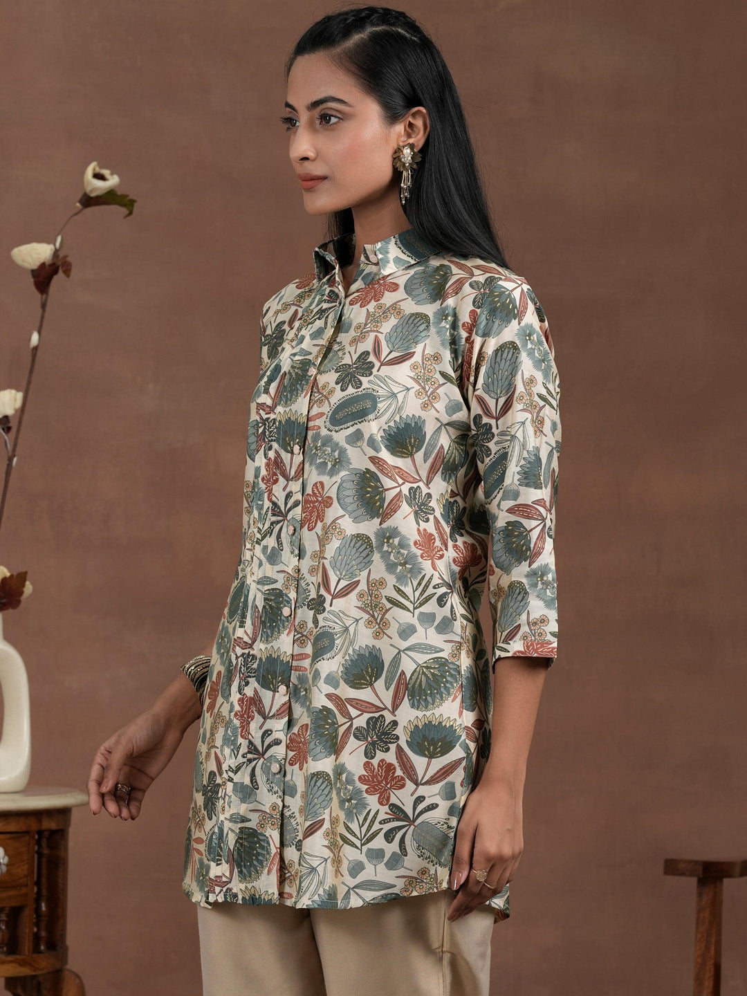 Beige Printed Silk Blend Straight Kurti - Libas 