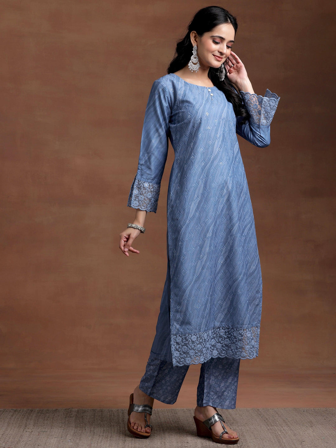 Blue Embroidered Silk Blend Straight Suit With Dupatta - Libas 