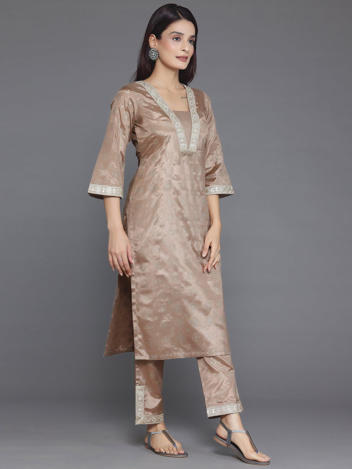 Brown Woven Design Silk Blend Straight Kurta Set - Libas