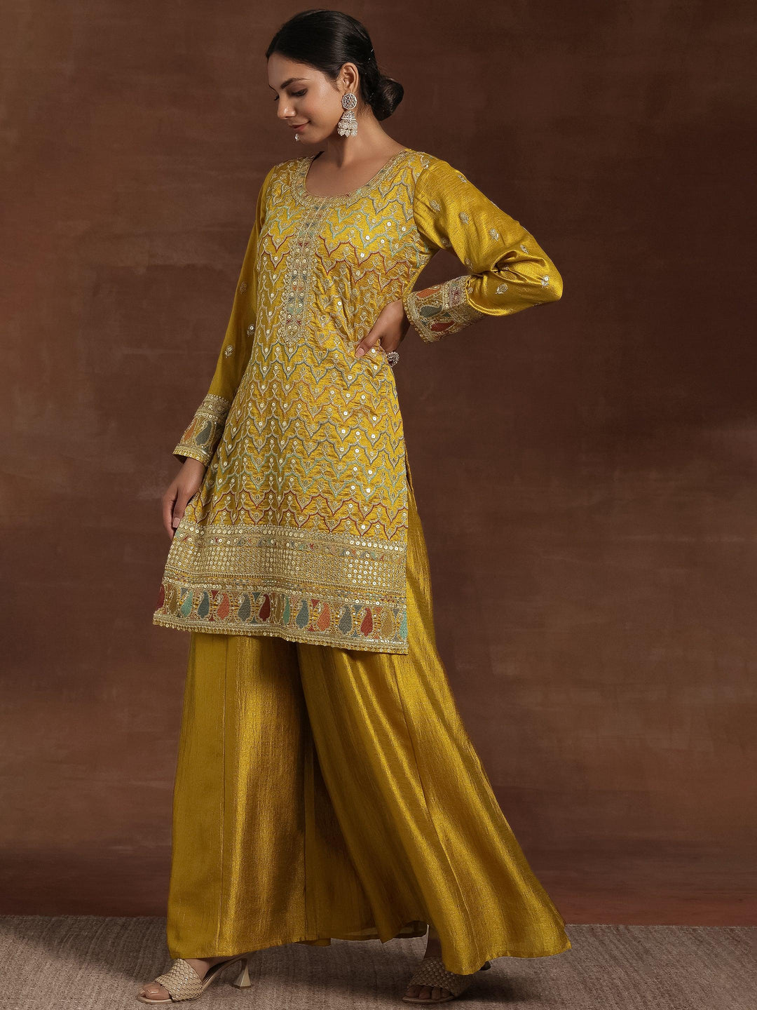 Mustard Embroidered Silk Blend Straight Kurta With Palazzos & Dupatta - Libas 