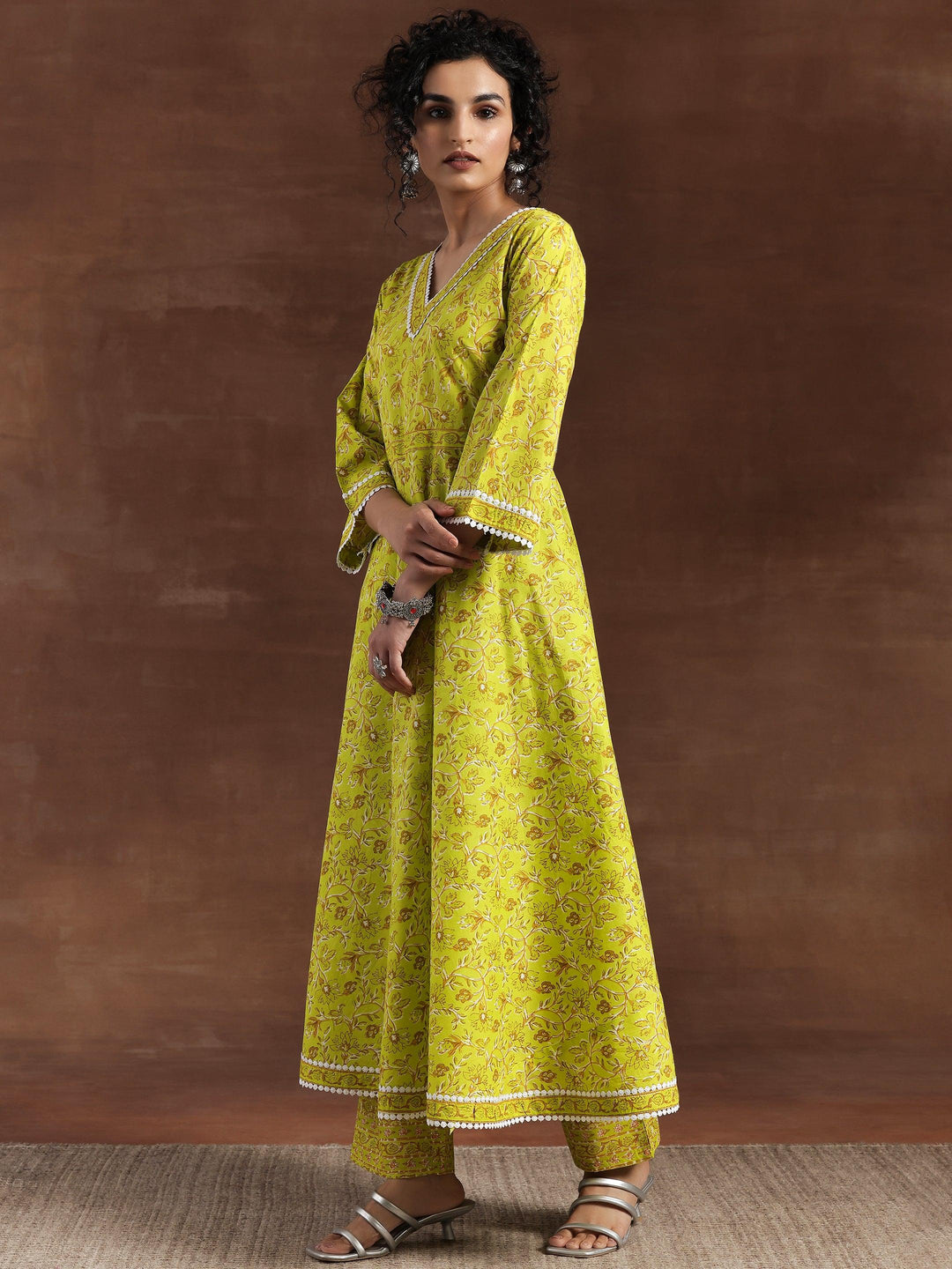 Green Printed Cotton Anarkali Suit With Dupatta - Libas 