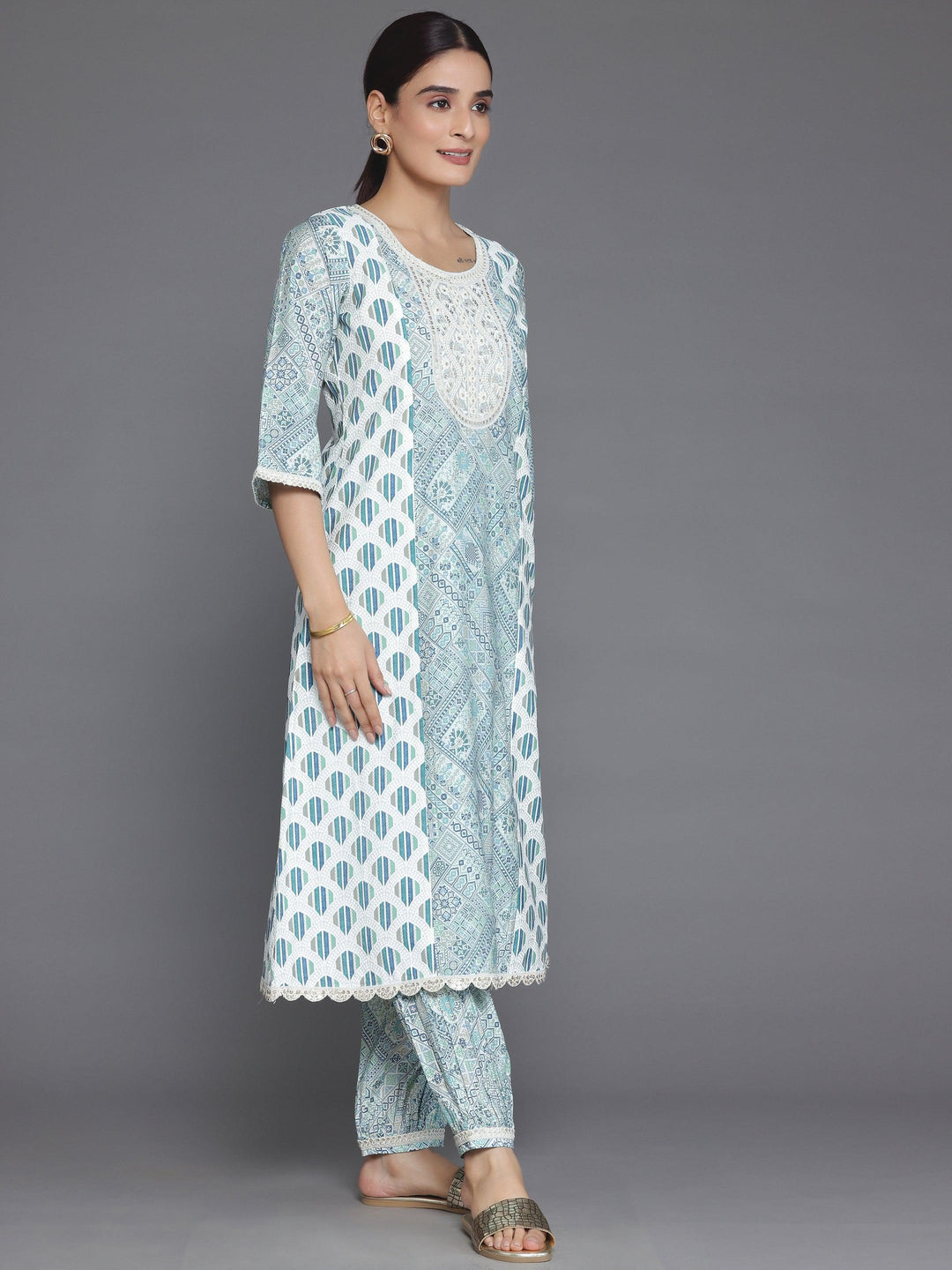 Blue Printed Silk Blend A-Line Kurta With Salwar - Libas 