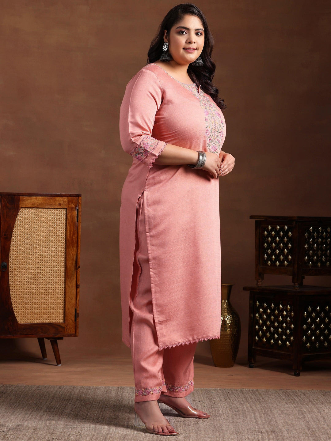 Plus Size Peach Yoke Design Silk Blend Straight Suit With Dupatta - Libas