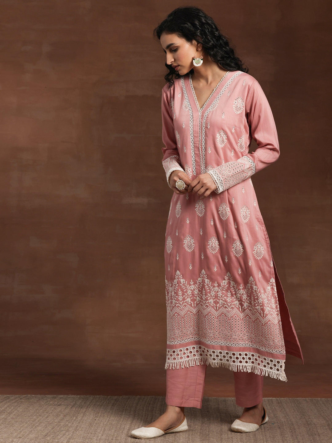 Pink Embroidered Silk Blend Straight Suit With Dupatta - Libas 