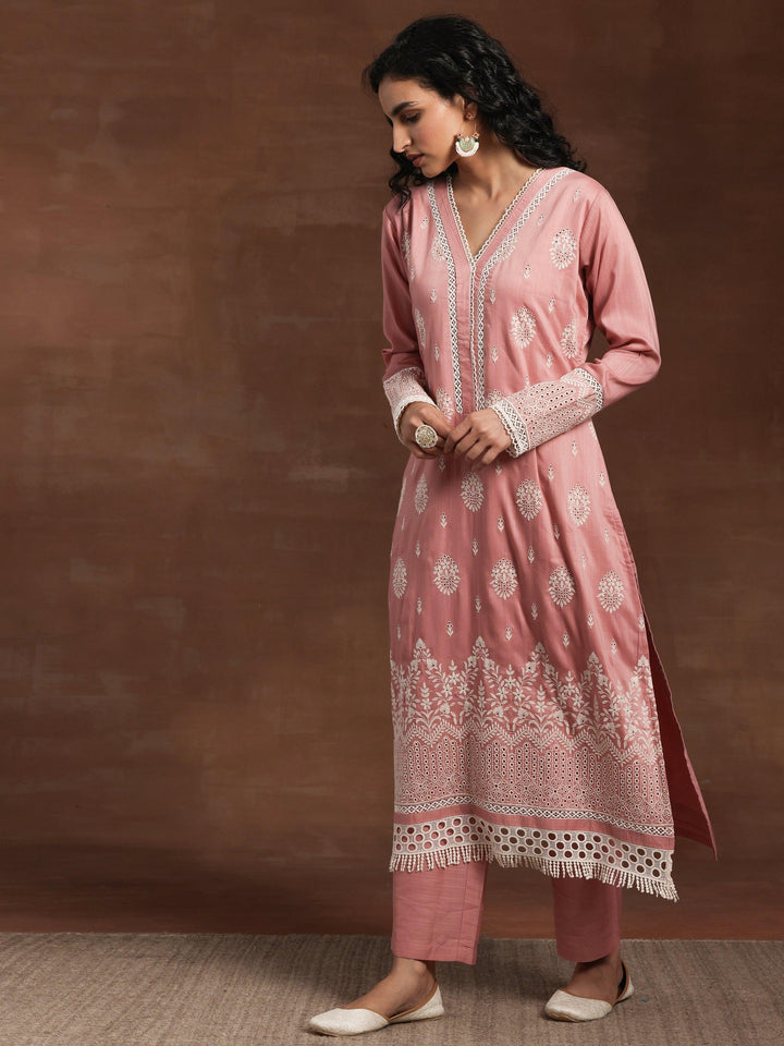 Pink Embroidered Silk Blend Straight Suit With Dupatta - Libas