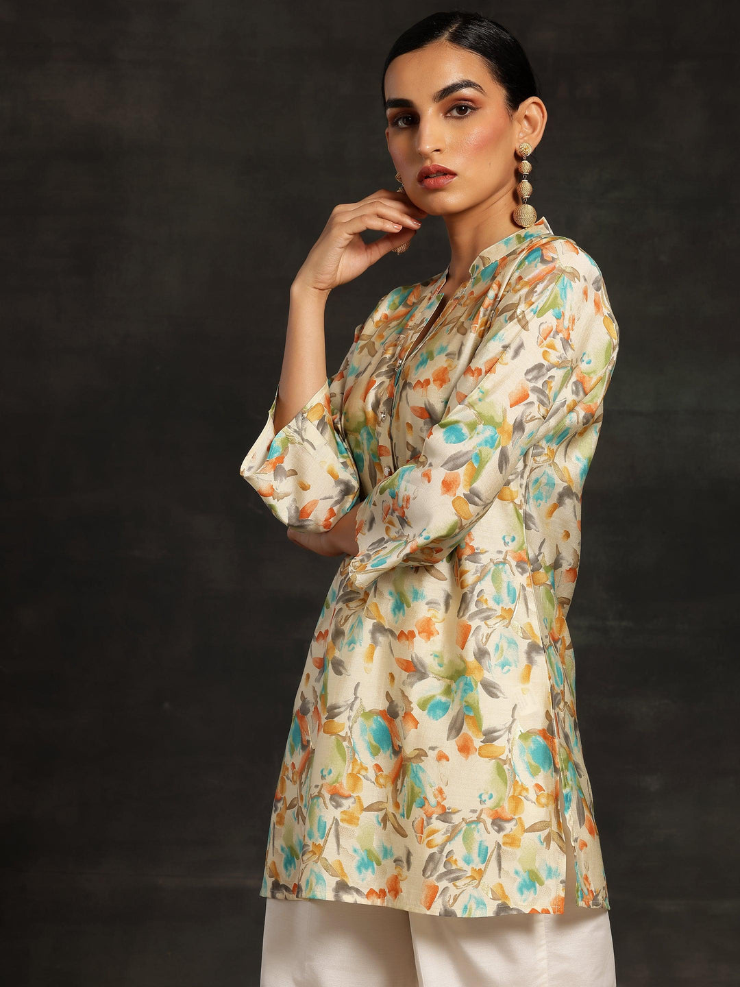 Beige Printed Silk Blend Straight Kurtis - Libas 