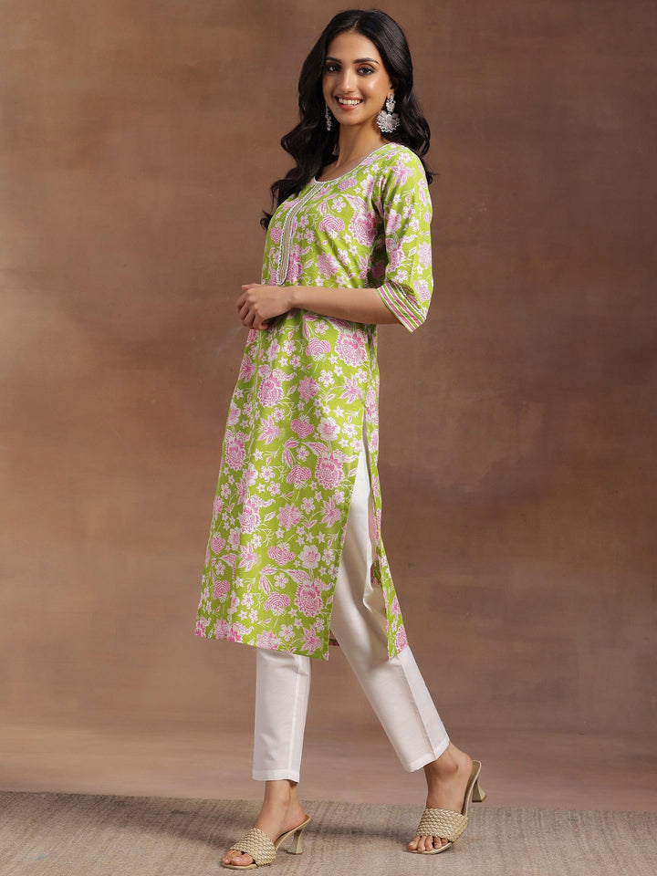 Green Printed Cotton Straight Kurta - Libas