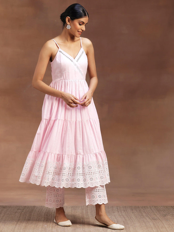 Pink Self Design Cotton Anarkali Kurta With Trousers - Libas